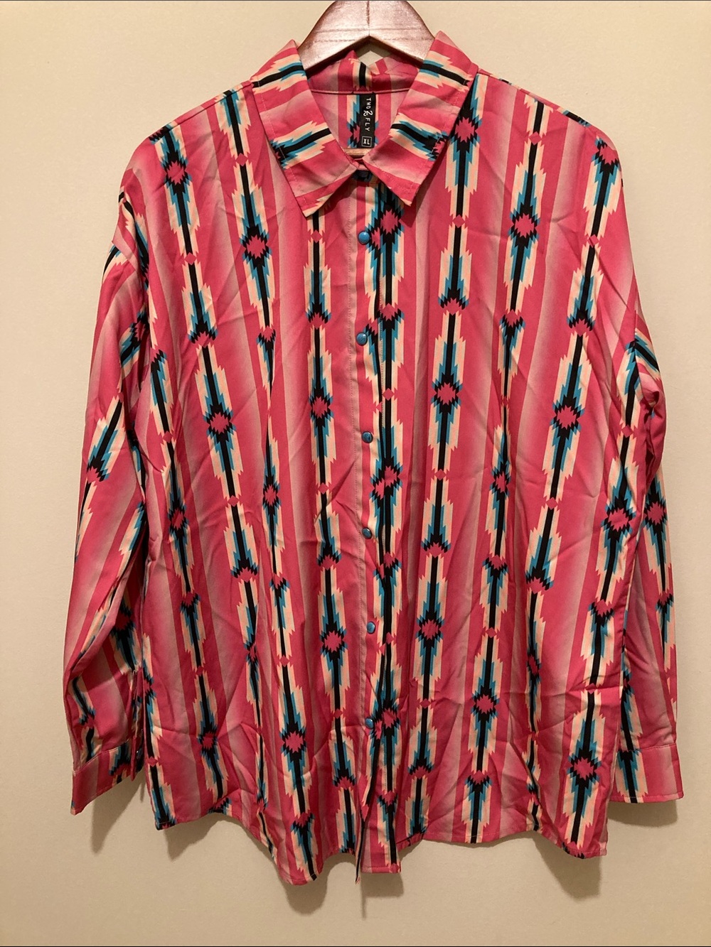 Women's Pink Patterned Button-Down Shirt with Turquoise Accents